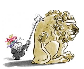 Illustration: lobbyist with flowers approaching a Chinese lion